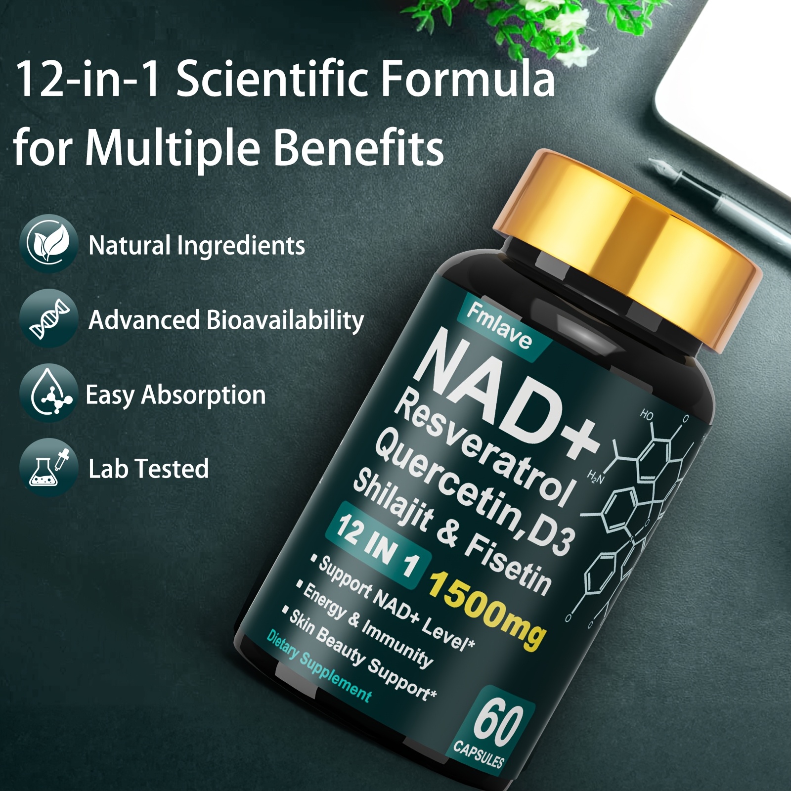 NAD+ Beauty Support Supplement, 12-in-1 Cellular Energy with Resveratrol, Fisetin, Turmeric & Black Pepper, Support Immunity & Brain Health for Women & Men, 30 Days Supply - Image 2