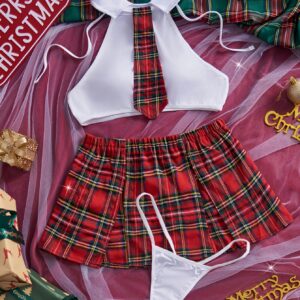 [Sexy Christmas Lingerie] 4pcs Christmas Sexy Plaid Lingerie Set for Women | Includes Sleeveless Crop Top, Tie, Thong & Mini Skirt - Perfect for Roleplay