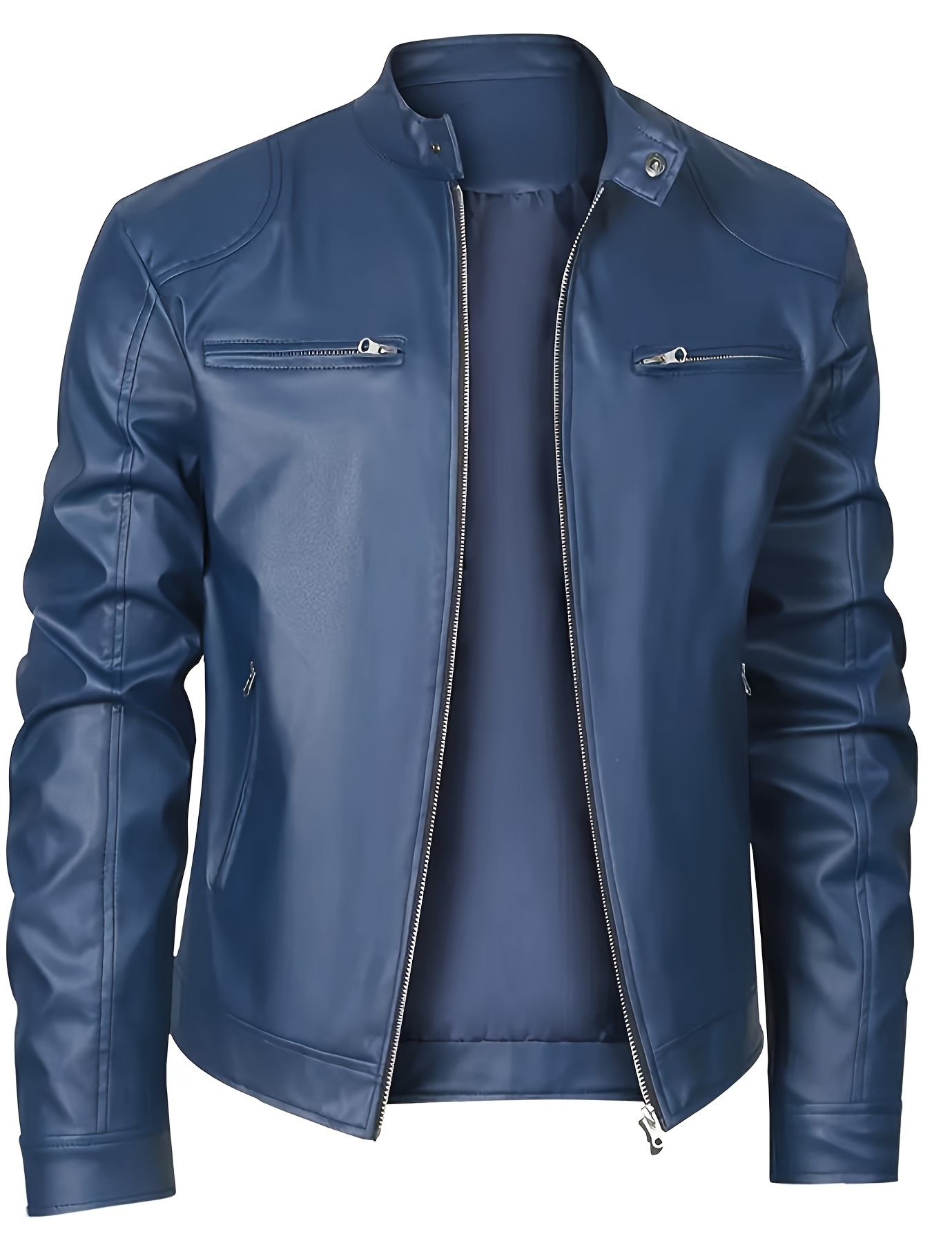 Men's Slim-Fit pu Jacket | Casual Style with Stand Collar | Zip-Up Closure & Decorative Zippered Pockets | Durable Polyester Lining | Ideal for Outdoor Activities, Casual Outerwear | Modern Jacket | Look - Image 2