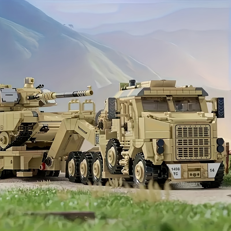 Self-Assembly Model Kit of The M1070 Heavy Tank Transporter - Desert And Military Green Colors, a Collectible for Military Enthusiasts, a Decorative Piece for Desks, And a Holiday Gift.