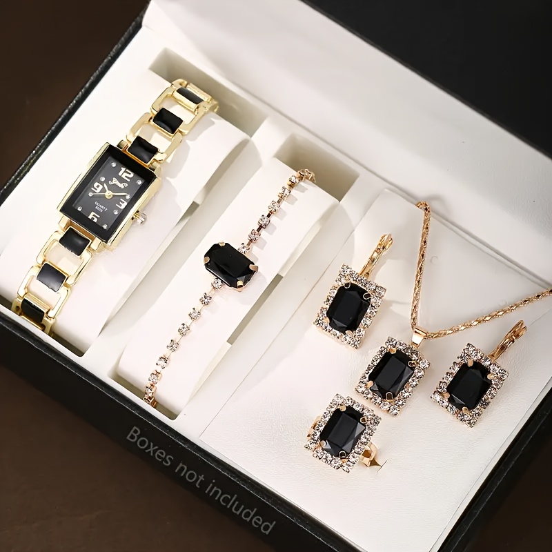 Black 6pcs Glamorous Square Rhinestone Quartz Watch Set - Zinc Alloy Strap, Pointer, And Case - Elegant Rhinestone Bracelet, Necklace, Earrings, And Ring Jewelry for Suitable for Teens - Image 2