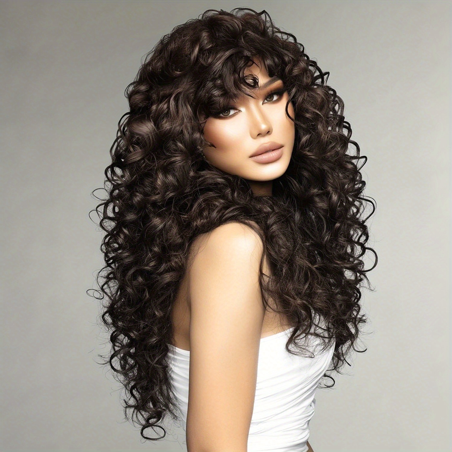 Long Brown Curly Wigs Designed for Women, Made from Heat-Resistant Synthetic Fibers, Featuring -Looking Voluminous Waves. A Versatile Hairpiece Perfect for Christmas Cosplay, Daily Parties, And Fashion Enthusiasts. - Image 3