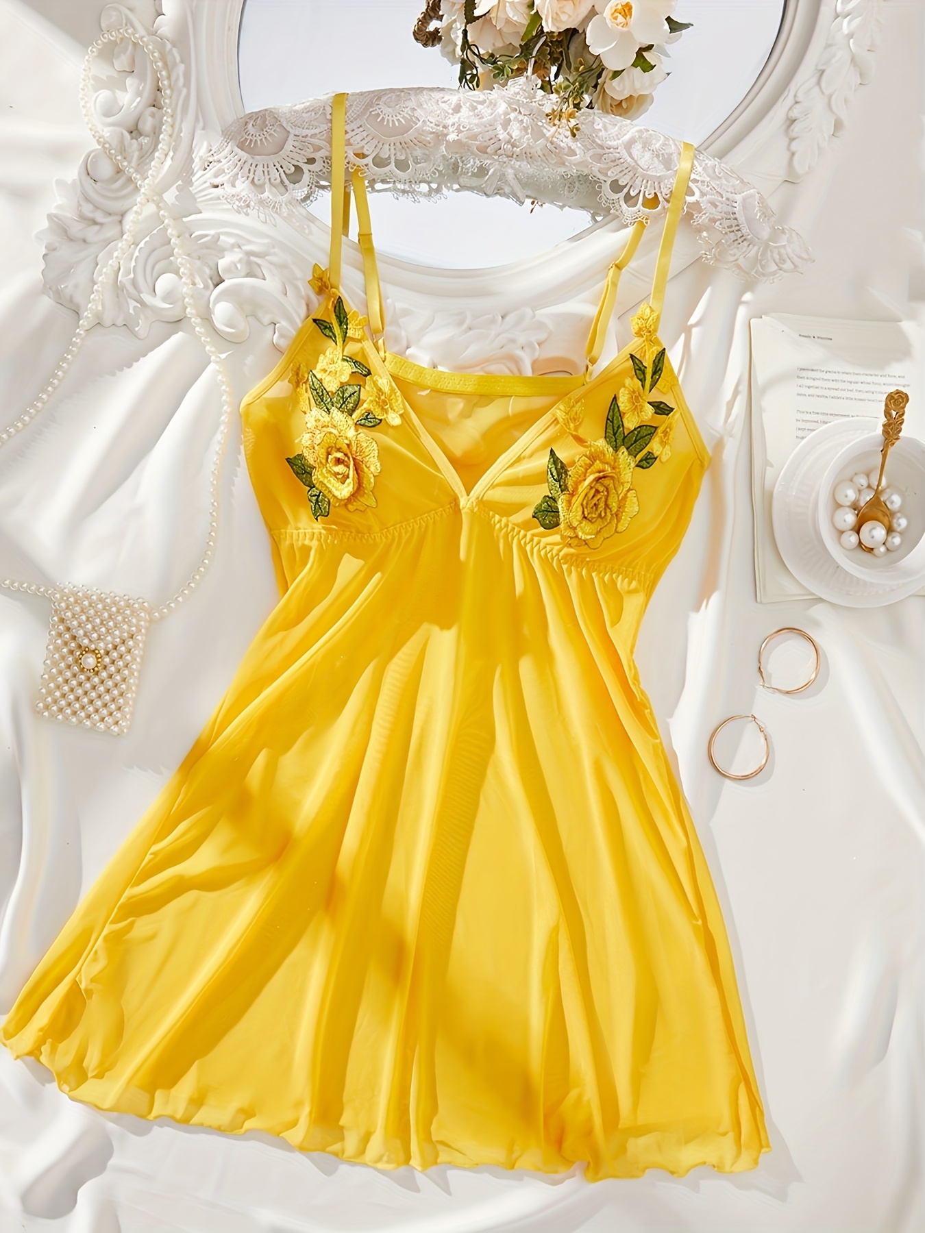 Women'S Bright Yellow 3D Rose-Embellished Camisole Nightgown - Deep V Open Back Lingerie Dress with Sheer Tulle Skirt, Thin Strap French-Inspired Luxury Sleepwear for Intimate Occasions, Special Occasions & Themed Events - Elegant & Alluring Elegant