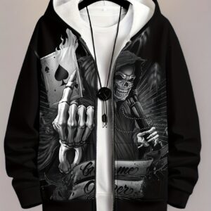 Men'S Casual Zip-Up Hooded Sweatshirt with Skull Print | Regular Fit, Slight Stretch Fabric
