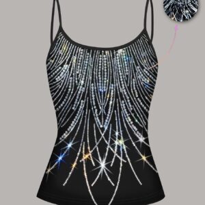 BK2522100292D Digital Printed Design – Not Textured Black Shiny Rhinestone Night Tassel Print Camisole, Machine Washable and Dry Cleanable, Features Thin Straps for a Sexy and Fashionable Look, Ideal for Summer Daily Commute and Date Wear