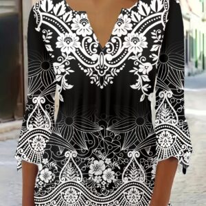 [Floral Print | Puff Sleeves] Floral Print | Puff Sleeves Women's V-Neck Blouse - Black & White, Casual Chic Top for Spring & Fall, All-Season Versatile Wear