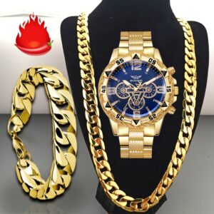 3pcs Luxury Men's Quartz Watch & Bracelet Set with Necklace - Stainless Steel Strap, Large Dial Analog Business Watches, Round Alloy Case - Durable Watch Gift Suitable for Christmas, Thanksgiving, Day of the Dead - Elegant Men's