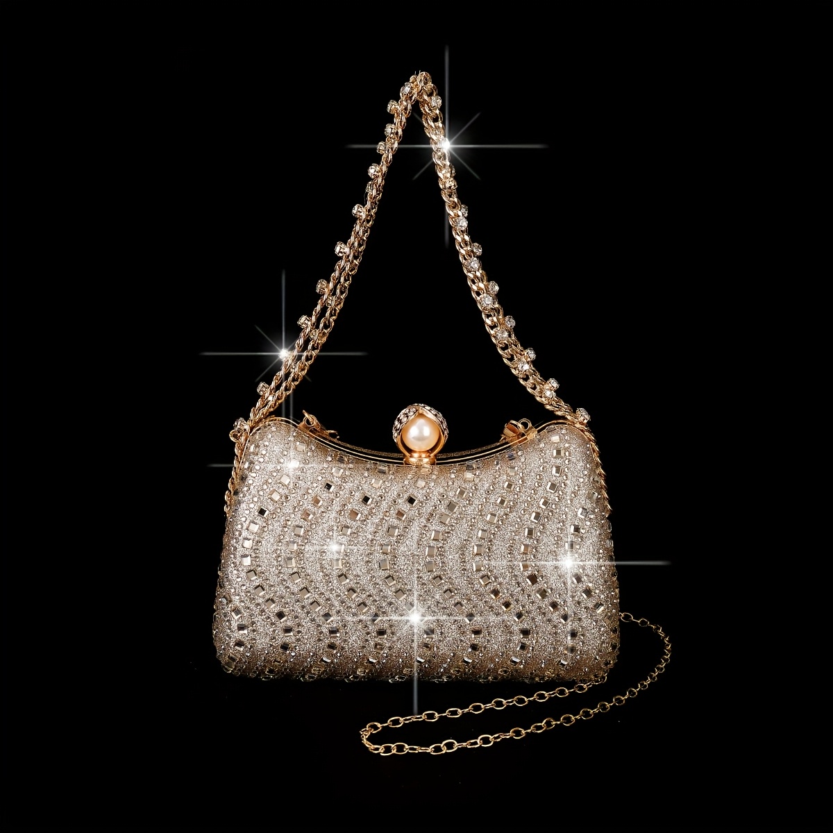 5pcs Women's Elegant Rhinestone-Embellished Evening Handbag & Crossbody - Convertible Shoulder/Dance Party Wedding Accessory with Necklace, Earrings, Bracelet & Ring Gift Set (Golden) Suitable for Prom, Gala, Dinner Parties - Image 4