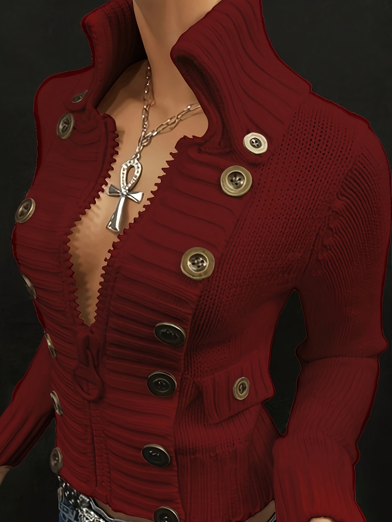 Women'S Elegant Round Neck Cardigan with Zipper & Button Details - Solid, Long Sleeve, Fall/Winter Fashion, Casual Chic Style, Perfect for Casual Attire - Image 4