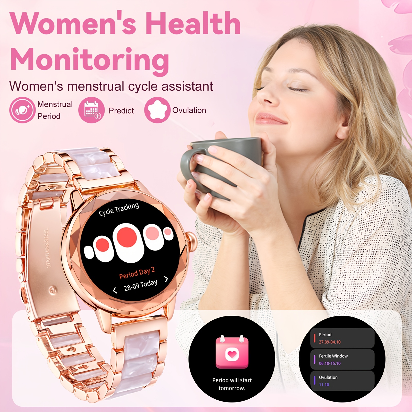 HOMAILIDA Women'S Elegant Smart Watch with Floral Design, Wireless Calls, Messages, Camera Control, Pedometer, Alarm Clock - Rose Golden & White Strap, Magnetic Charging, Perfect Gift for Family & Friends, Smart Watch for Android Phones, Fitness Tracking, Classic Watch Design, Durable Watchband - Image 10