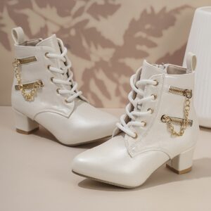 [Chic White Ankle Boots] Chic Women's White Ankle Boots | Double Zipper Chain Buckle Pointed Toe Chunky Heel | Comfortable Synthetic Cover, Versatile All-Season Wear, Stylish Outerwear Footwear | Elegant Boot Design | Durable TPR Sole