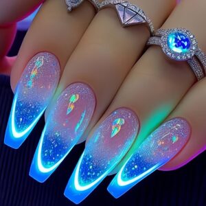 Removable Wearable Armor, Vibrant Blue Summer Refreshing Aesthetic, 24pcs of Fake Nails.