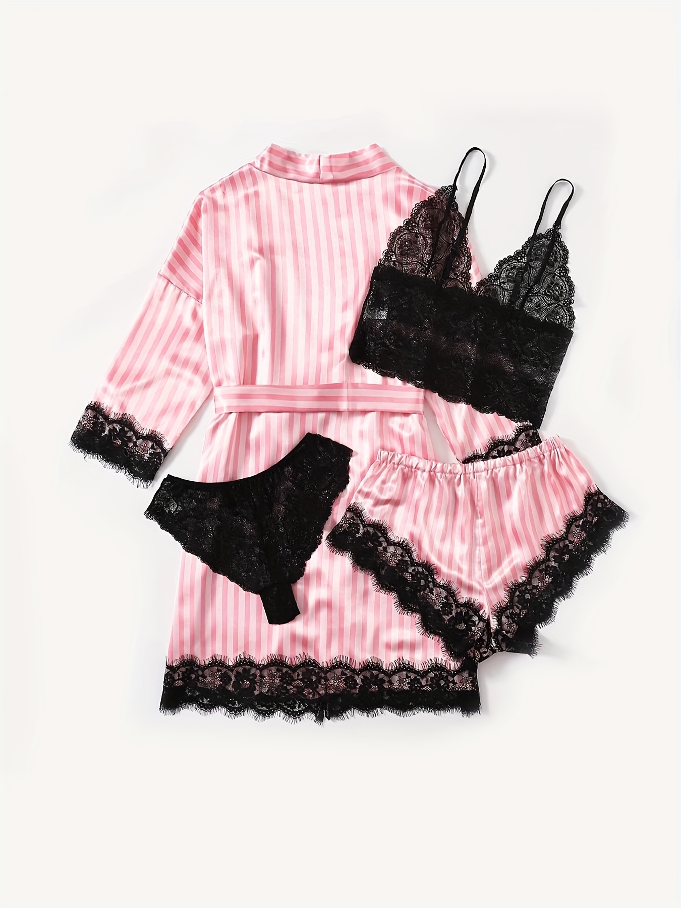 Ladies' Pajamas Homewear Bathrobe Five-Piece Set Multi-Color No Figure, Sexy, Solid Color, Contrast Lace, No Padding, with Belt, for Adult - Image 10