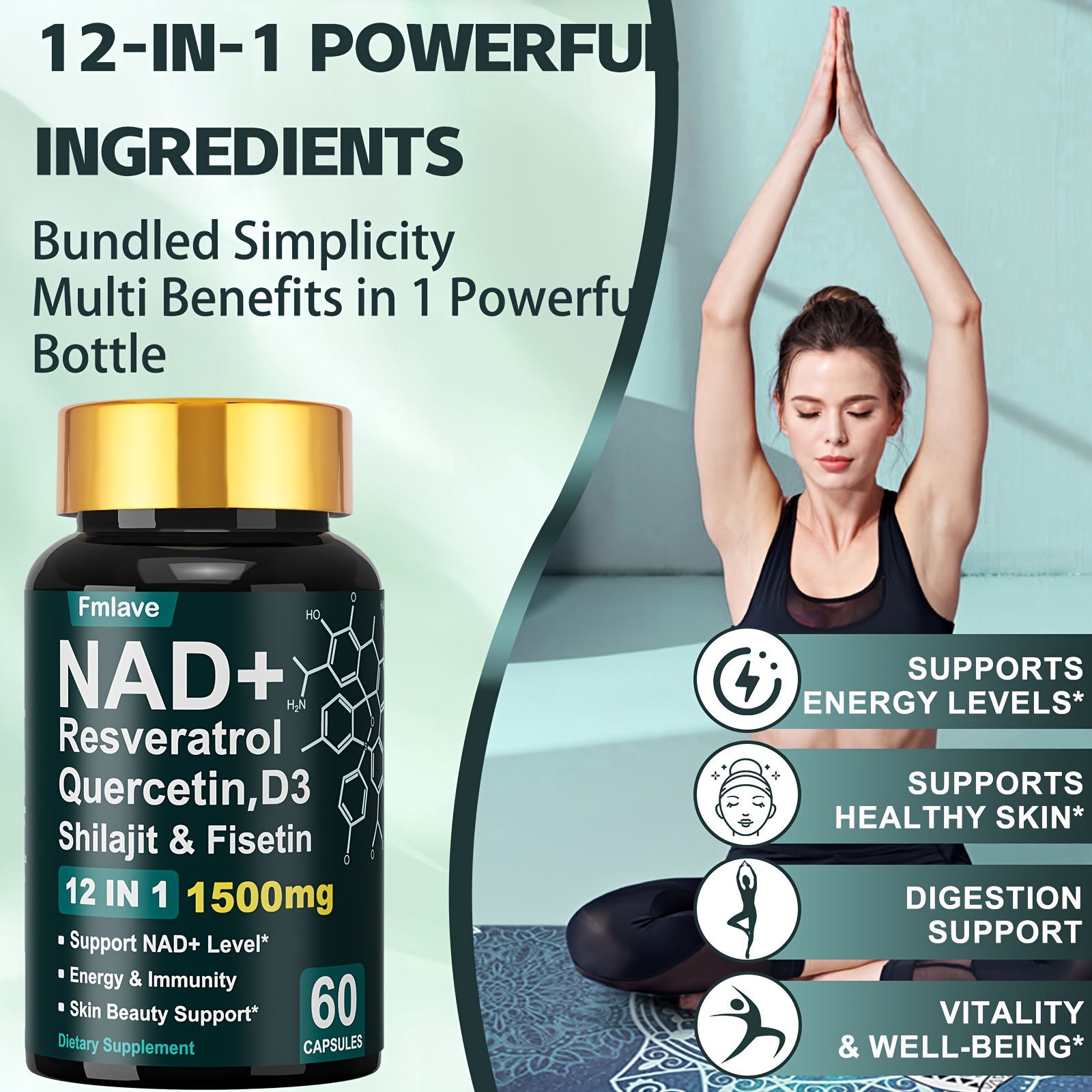 NAD+ Beauty Support Supplement, 12-in-1 Cellular Energy with Resveratrol, Fisetin, Turmeric & Black Pepper, Support Immunity & Brain Health for Women & Men, 30 Days Supply - Image 5