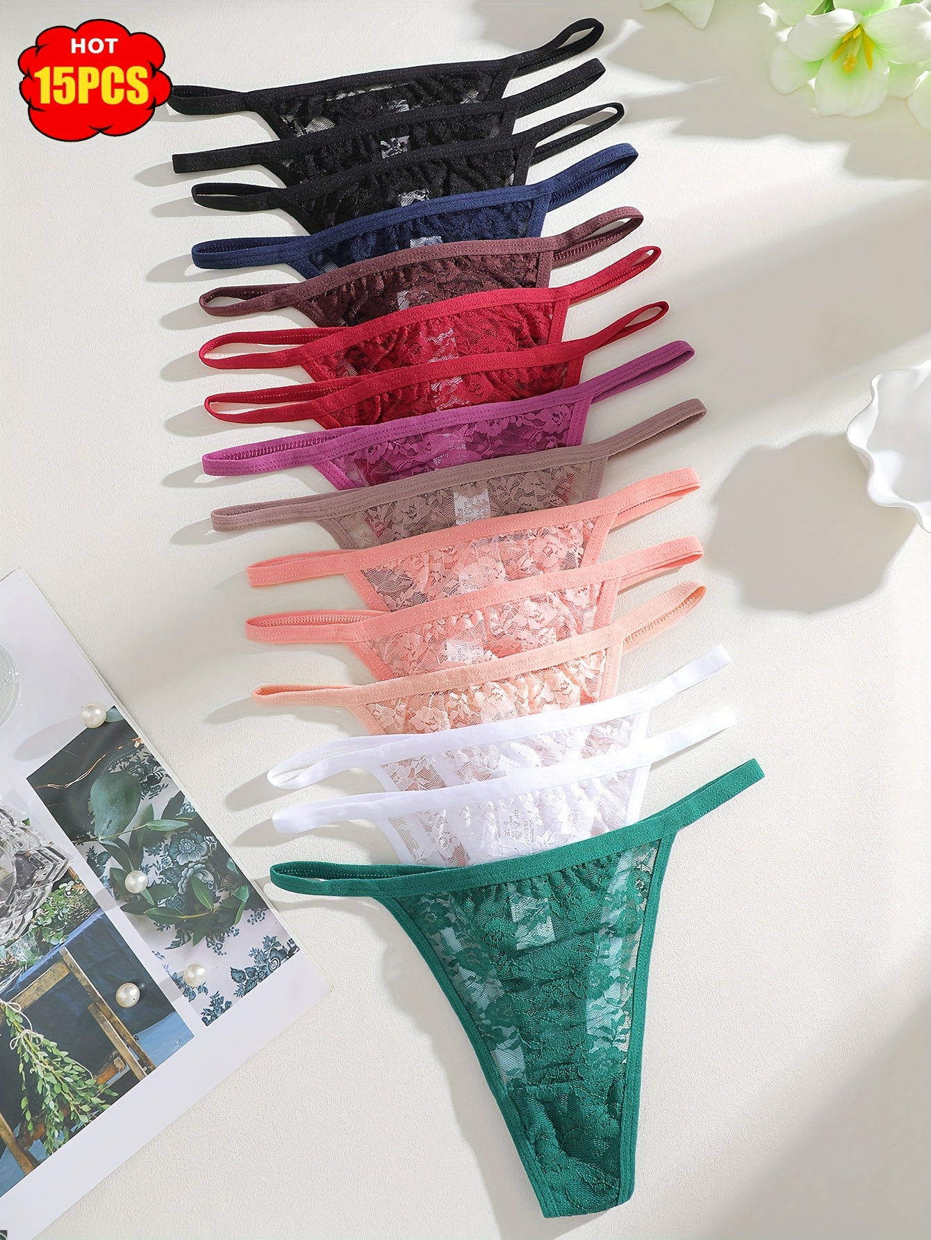 15pcs Bulk Pack Women's Elegant Low-Rise V-String Thong Underwear Set - Breathable Lace Triangle Panties with Faux Drawstring, Non-Sheer Comfortable Daily Wear (No Bulk/No Bulkiness) - Image 4