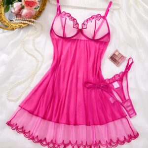 Rose Pink Sexy Short Lingerie Set for Women, Thin Mesh Sleeveless Nightgown with Deep V Neck, Lace Embroidery, A-Line Skirt, No Steel Wire, Drop Waist, Medium Support, Solid Color, Thong Panties, Elegant and Seductive Sleepwear