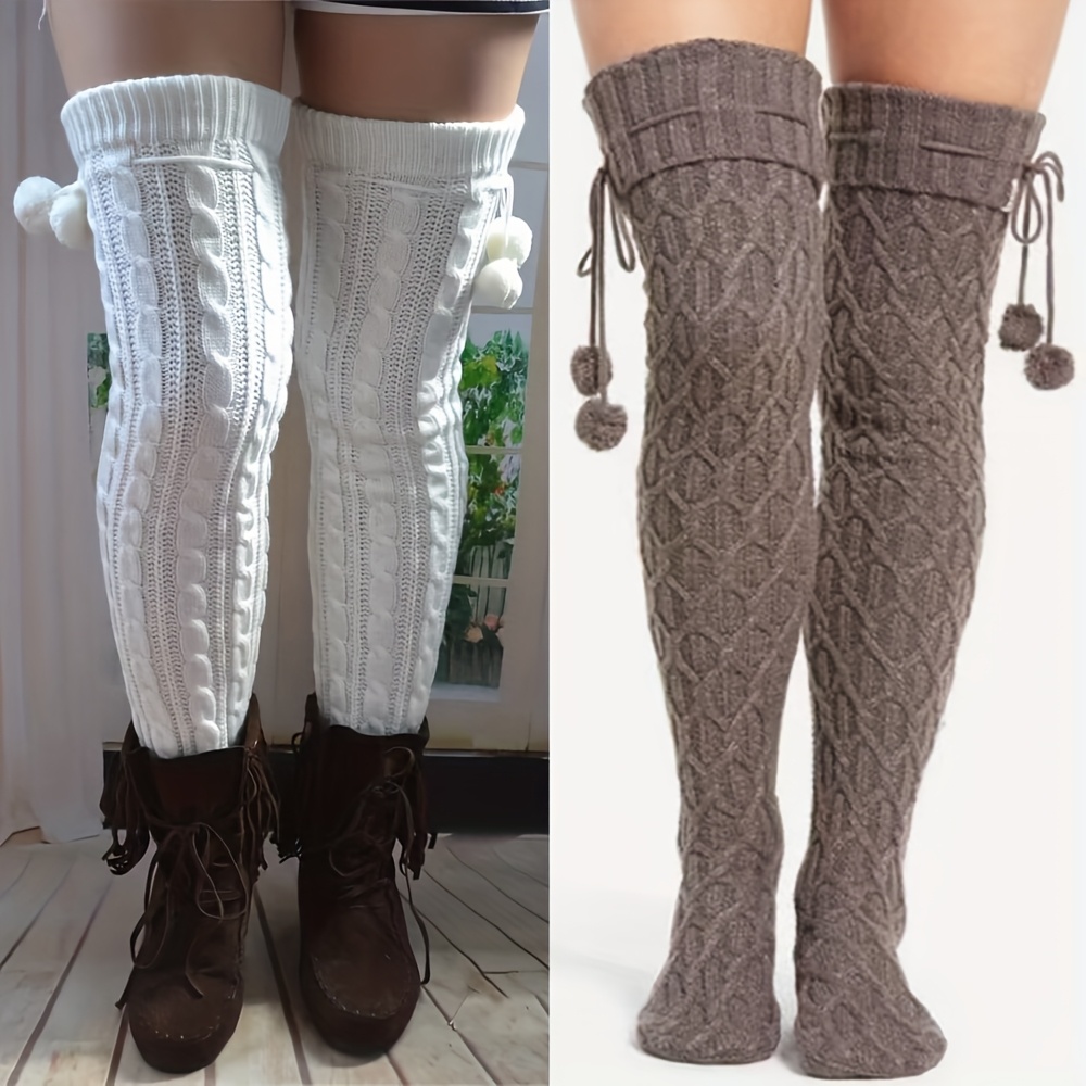 2 Pairs Of Fried Dough Twists Knitting Women'S Knee Socks Cute Thickened Winter Warmth, Cold Resistance, Heat Storage, Soft And Comfortable Stockings Christmas Gifts Pile Socks - Image 3