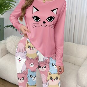 Cute Cat Print Pajama Set, Women'S Long Sleeve Crew Neck Top & Pants Home Wear Two Pieces Set for Fall & Winter