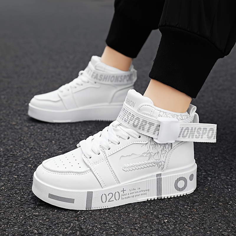 Men'S High-Top Casual Sneakers - White & Black Random Pattern, Synthetic Cover Upper, EVA Cushioned Sole, Breathable Fabric Lining, All-Season Comfort for Casual Attire, Comfortable Footwear, Modern Hightops, Durable Footwear, Sporty Design, Lightweight Construction, Urban Fashion - Image 3
