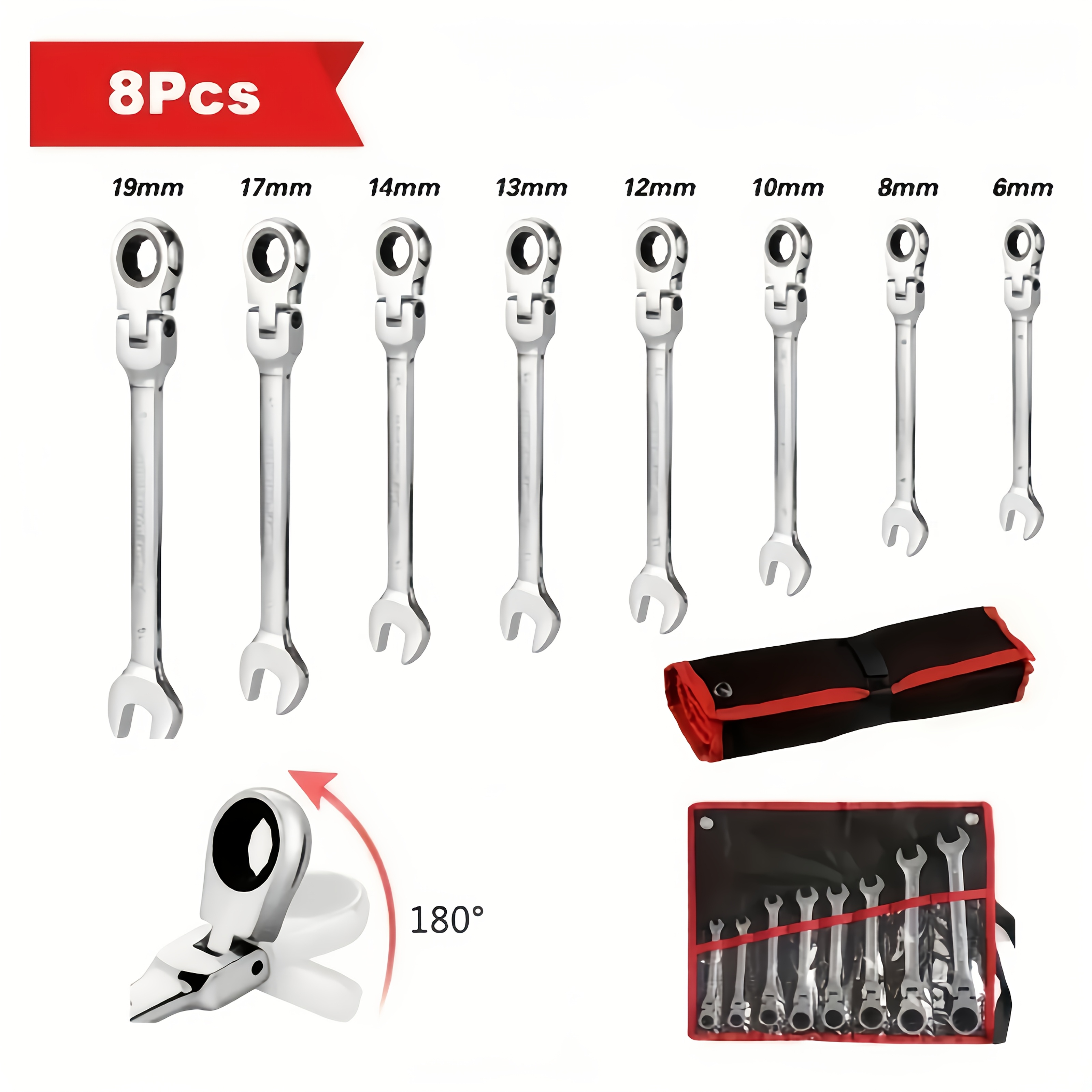 8pcs Multi-function Ratchet Wrench Set, Adjustable Ratchet Wrench Set, Metric, 6-19 Mm, 72 Teeth, Cr-V Steel Ratchet Wrench Set, With Storage Bag, Suitable For Home/automotive/mechanics, Etc., Perfect For Daily Use And A Great Gift. - Image 6