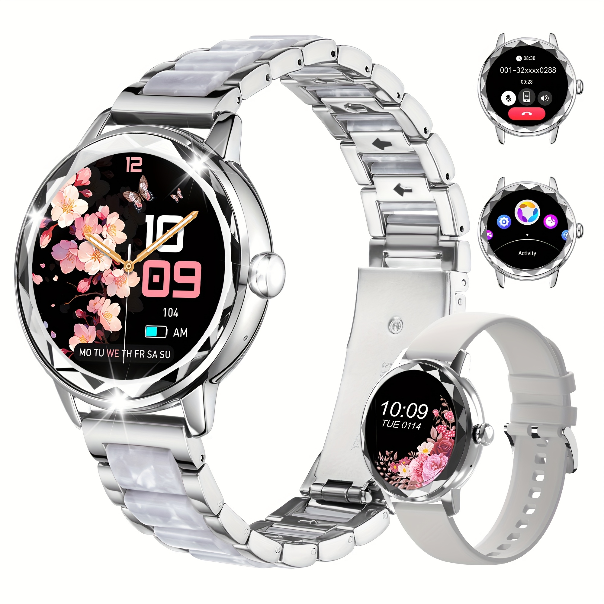 HOMAILIDA Women'S Elegant Smart Watch with Floral Design, Wireless Calls, Messages, Camera Control, Pedometer, Alarm Clock - Rose Golden & White Strap, Magnetic Charging, Perfect Gift for Family & Friends, Smart Watch for Android Phones, Fitness Tracking, Classic Watch Design, Durable Watchband - Image 6