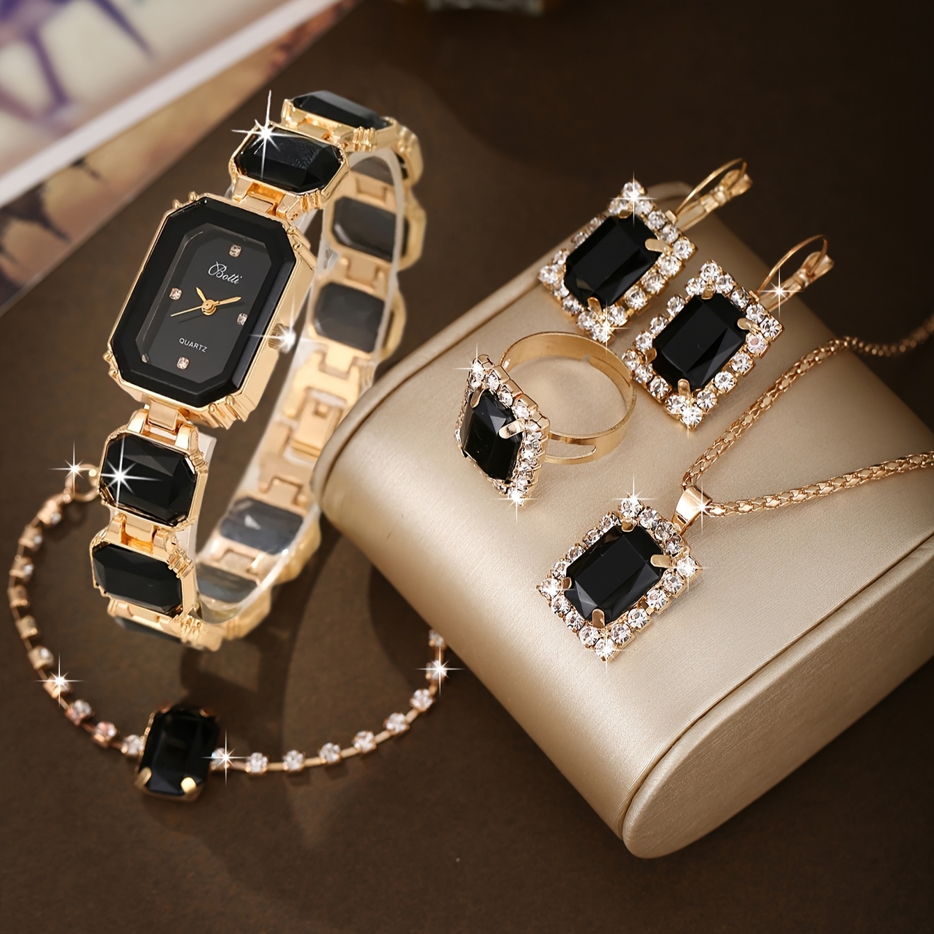 Black 6pcs Glamorous Square Rhinestone Quartz Watch Set - Zinc Alloy Strap, Pointer, And Case - Elegant Rhinestone Bracelet, Necklace, Earrings, And Ring Jewelry for Suitable for Teens - Image 3
