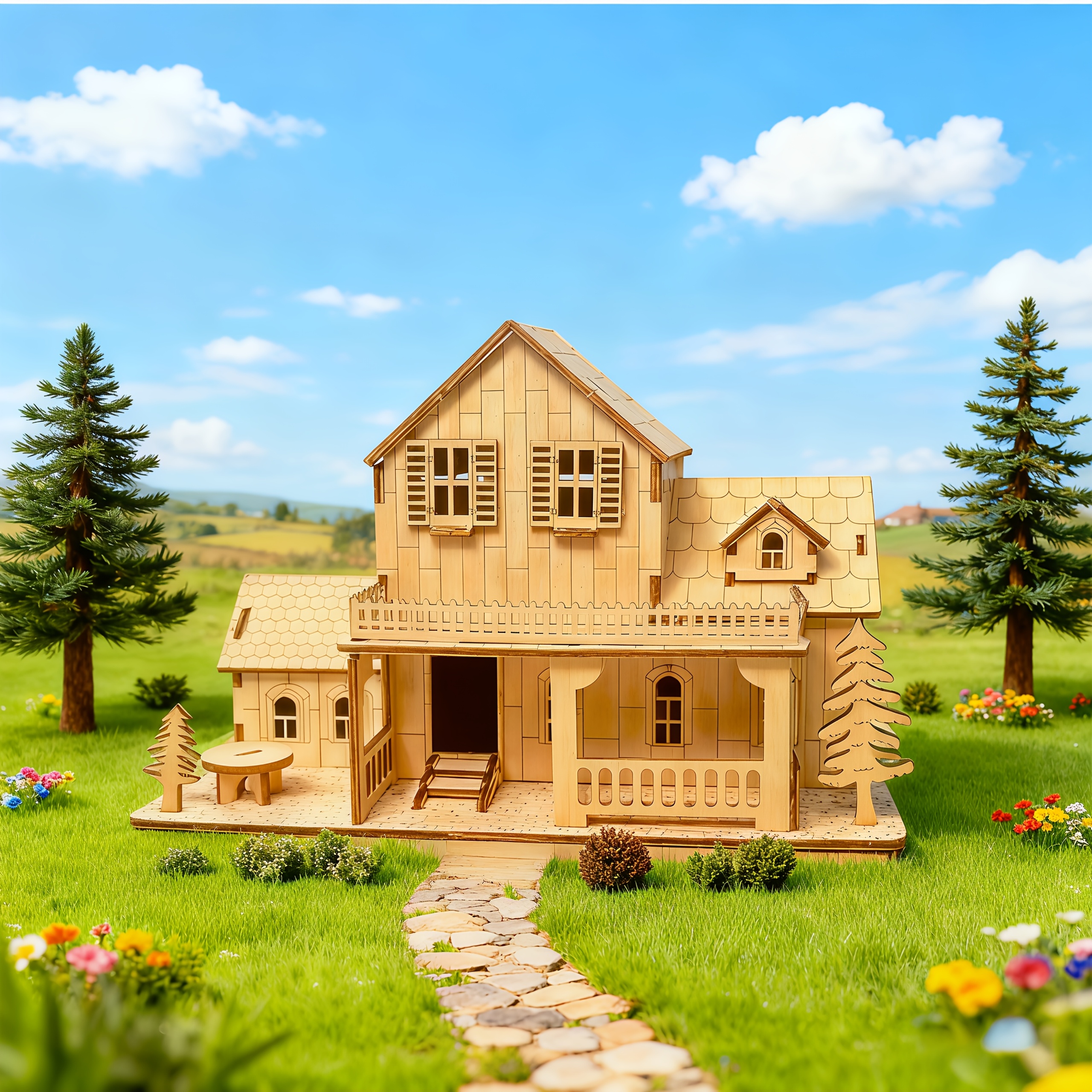 3D Wooden House Model Puzzle Set | Complex Architectural Structure with Roof, Railings, Windows, and Doors Details - Creative Craft Project | Ideal for Birthday or Christmas Gift - Educational Toy