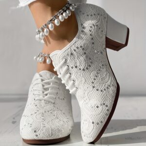 Latin Dance Shoes - Closed Toe Lace-Up Hollow Out Low Heel - Anklet Not Included