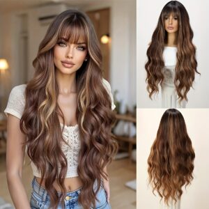 Women' -Looking Long Curly Brown Synthetic Hair Wig with Bangs - Butterfly Cut for Hair Replacement, Daily & Party Wigs Suitable for Light Beige Tones & Hair Loss Types