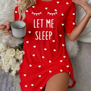 Women's Sleep Dress with "Sleep" Lettering & Nightwear Slogan - Short Sleeve Round Neck Nightgown, Short T-Shirt Dress, Machine Washable All-Season Pajama, Non- Lounge Dress for (Polyester Blend)