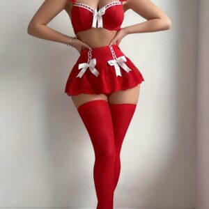 4pcs Women'S Red Lace Lingerie Set with White Bow - Bra, Lace Skirt, Thigh High Stockings & Thong, Seductive Intimate Wear for Roleplay & Nightwear, Lingerie for Women, Bodysuit Lingerie, Lingerie Sexy, Sexy Lingerie Set