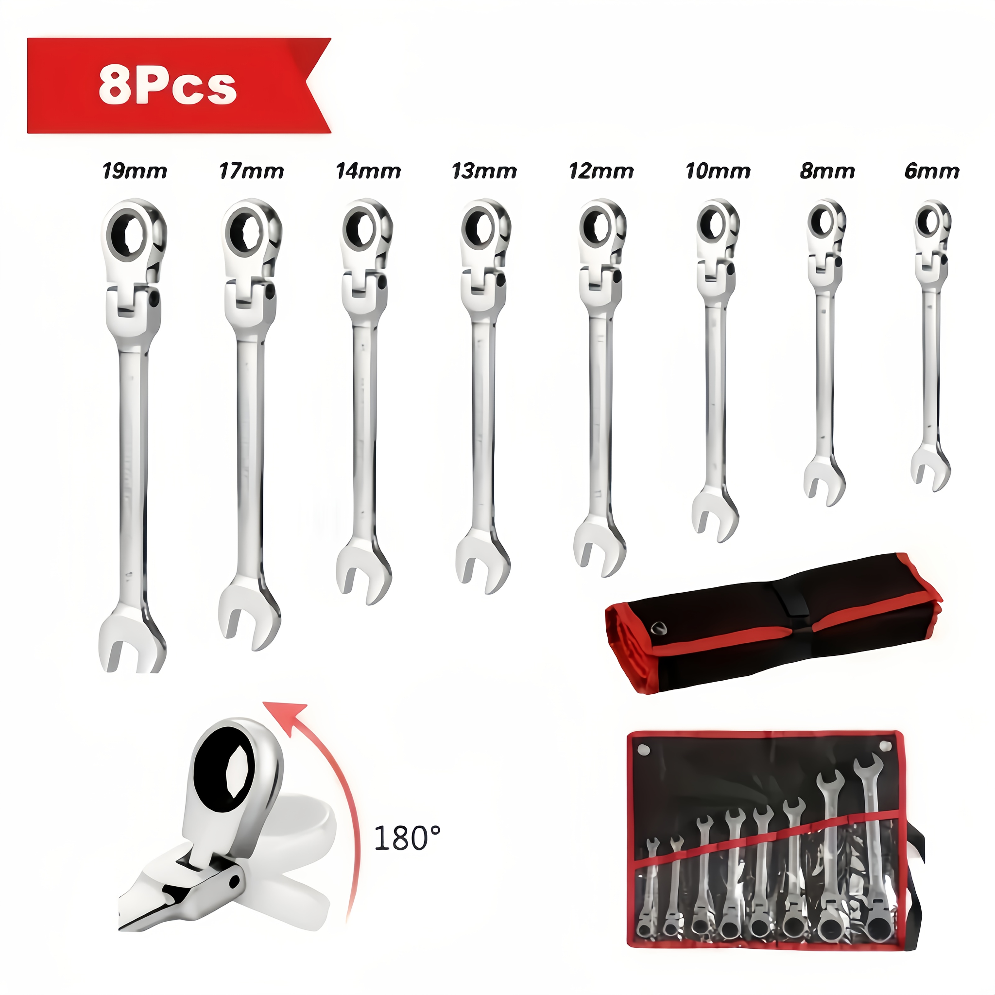 8pcs Multi-function Ratchet Wrench Set, Adjustable Ratchet Wrench Set, Metric, 6-19 Mm, 72 Teeth, Cr-V Steel Ratchet Wrench Set, With Storage Bag, Suitable For Home/automotive/mechanics, Etc., Perfect For Daily Use And A Great Gift. - Image 5
