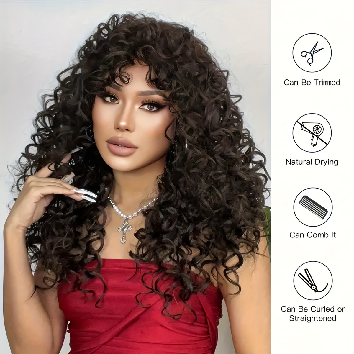 Long Brown Curly Wigs Designed for Women, Made from Heat-Resistant Synthetic Fibers, Featuring -Looking Voluminous Waves. A Versatile Hairpiece Perfect for Christmas Cosplay, Daily Parties, And Fashion Enthusiasts. - Image 5