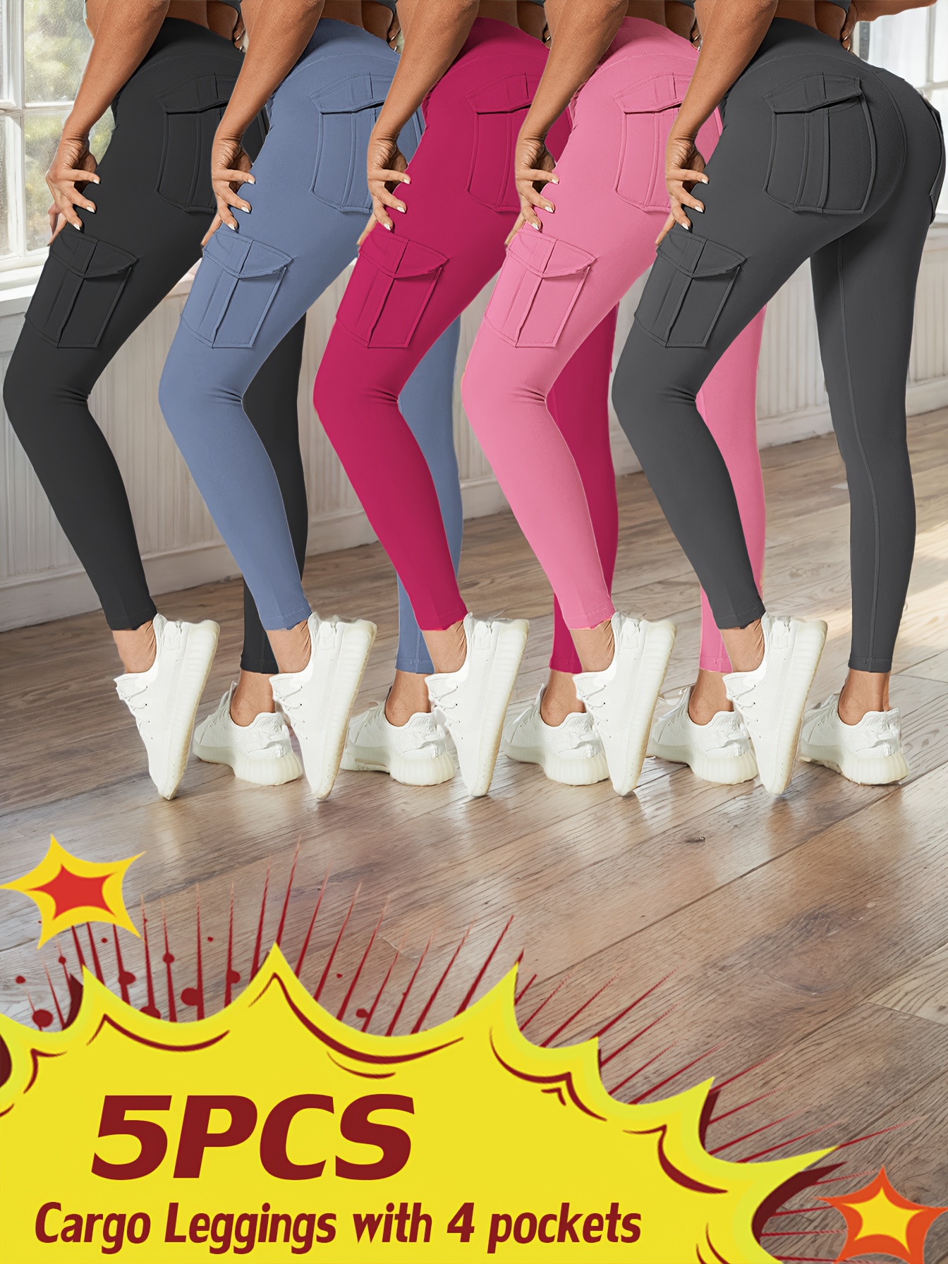 5pcs High Waist Yoga Leggings with 4 Pockets, Multipack Butt Lifting Tummy Control Workout Running 4 Way Stretch Cargo Sports Pants, 5pcs Leggings Set - Image 3
