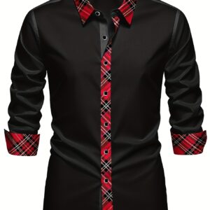 Men's Fashion Business Dress Shirt - Plaid Patchwork, Slim Cut, Polyester Material, All-Season Wearable, Machine Ted, 120g/m² Fabric Weight, Lightly Stretchy, Spread Collar Neckline for Home Gatherings and Socializing with Friends & Family
