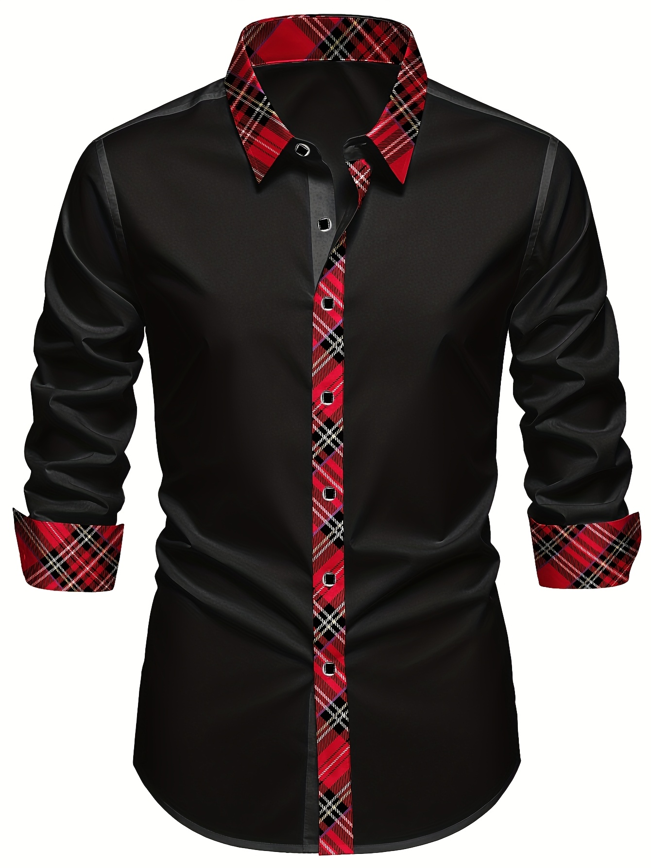 Men's Fashion Business Dress Shirt - Plaid Patchwork, Slim Cut, Polyester Material, All-Season Wearable, Machine Ted, 120g/m² Fabric Weight, Lightly Stretchy, Spread Collar Neckline for Home Gatherings and Socializing with Friends & Family