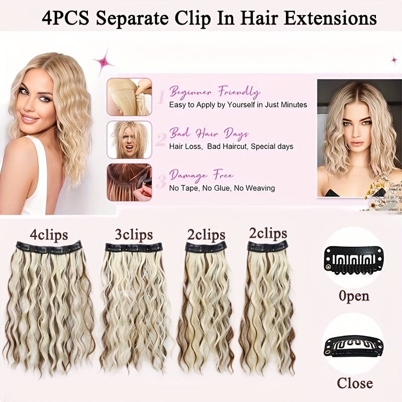 4pcs Clip-In Hair Extensions, 14.17inch Short Wavy Black Hair, Invisible Lace Women's Natural Soft Wigs, Suitable for Parties and Daily Use - Image 3