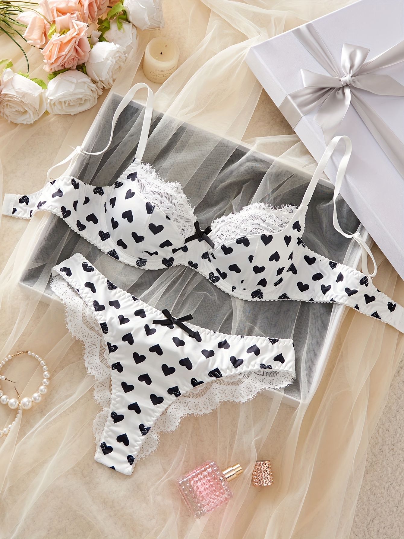 • Women's Bra Set with Heart Print and Lace Trim • Comfortable and Close-Fitting Everyday Underwear • Valentine's Day Special Collection • Elegant Style with Contrast Lace Detail • Everyday Underwear | Elegant Bra Set | Comfortable Fit