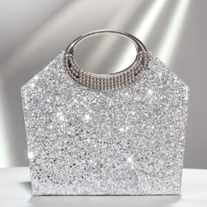 [Luxury Sequins Evening Bag] Luxury Sequins Ladies Evening Bag | Round Handle Tote Clutch with Shoulder Chain, Magnetic Closure | Champagne & Silvery for Party, Wedding, Prom, Birthday, Holiday Gift