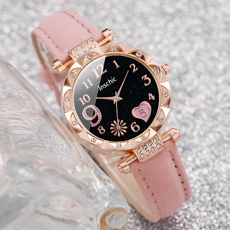 2pcs Women' Rhinestone Accent & Heart Bracelet - Sparkling PU Leather Strap Quartz Wristwatch Suitable for Parties Weddings Daily Wear - Elegant Wrist Accessory Gift for Women - Image 5