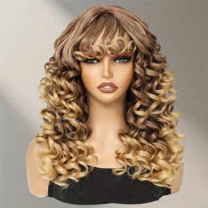 Women' Long Curly Ombra Afro Kinky Wig with Bangs - Glueless Synthetic Hair Suitable for Cosplay, Daily & Party Use - Brown/Blonde Highlights, Bouncy Fluffy Afro Curly/Kinky Wigs for all Hair Types (No Glue Application)