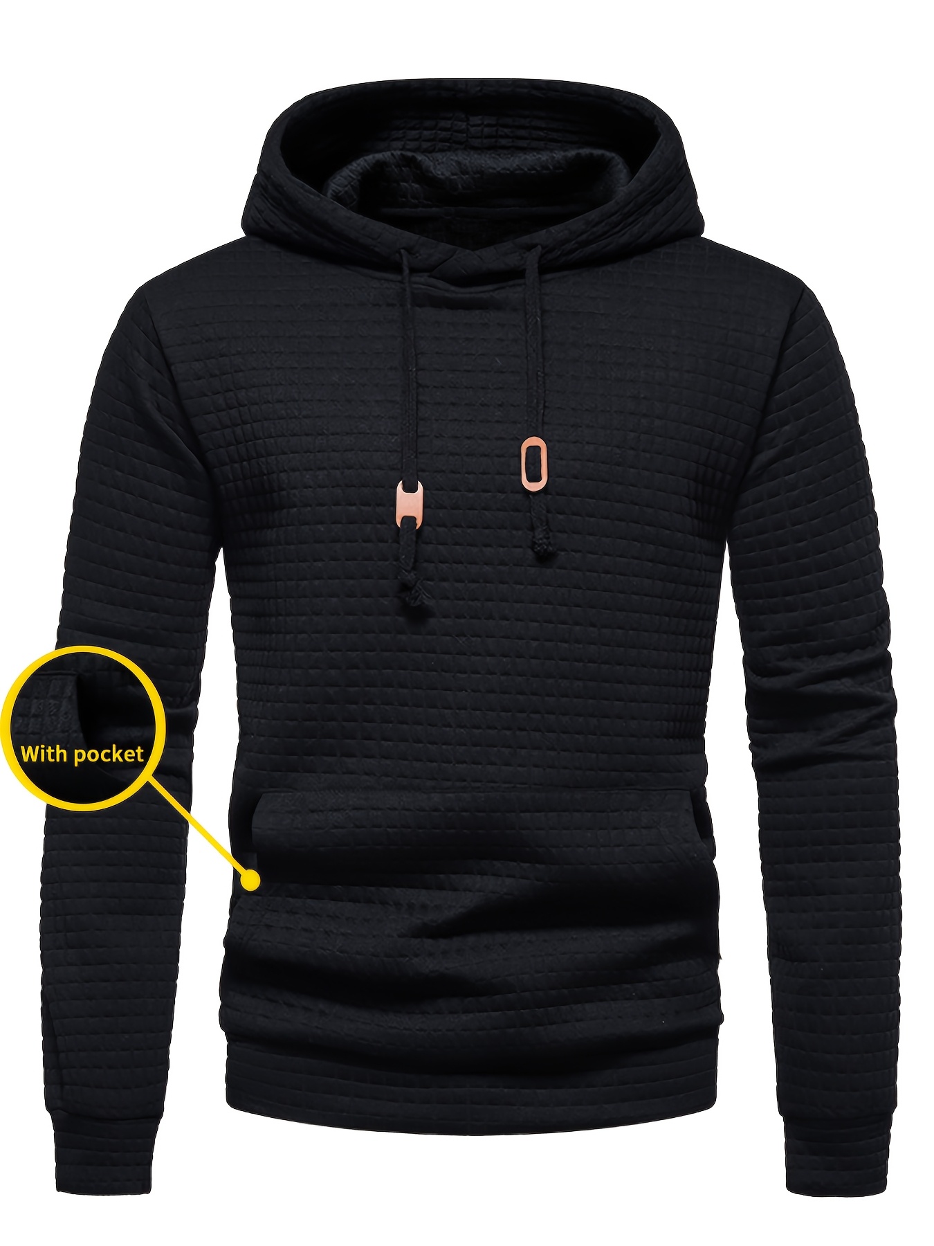 Men'S Casual Pullover Hooded Sweatshirt | Waffle Pattern Plaid Fabric, Long Sleeve, Hooded, Regular Fit, with Kangaroo Pocket, Streetwear for Winter Fall, As Gifts - Image 2