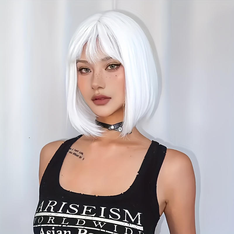 A White Short Wave Bob Wig Made of Heat-Resistant Synthetic Fibers, This Elegant And Stylish Women'S Wig Features a Look, Perfect for Halloween, Christmas, Carnivals, Parties, Cosplay, And Music Festivals. It'S an Easy-To-Manage Short Hairstyle - Image 9