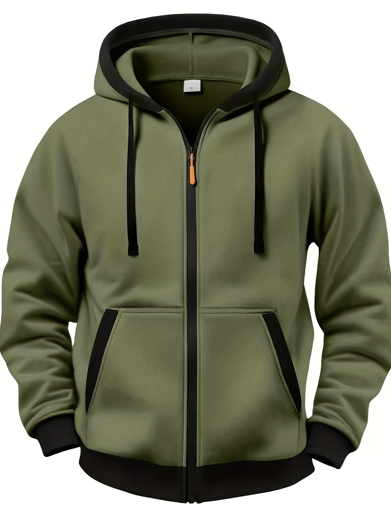 Men'S Casual Color Block Hoodie with Zipper Closure - Olive Green & Black Two-Tone Design, Long Sleeve, Regular Fit, Sweatshirt, Casual Wear Hoodie | Twotone Design | Knit Construction, Essential Hoodie - Image 2