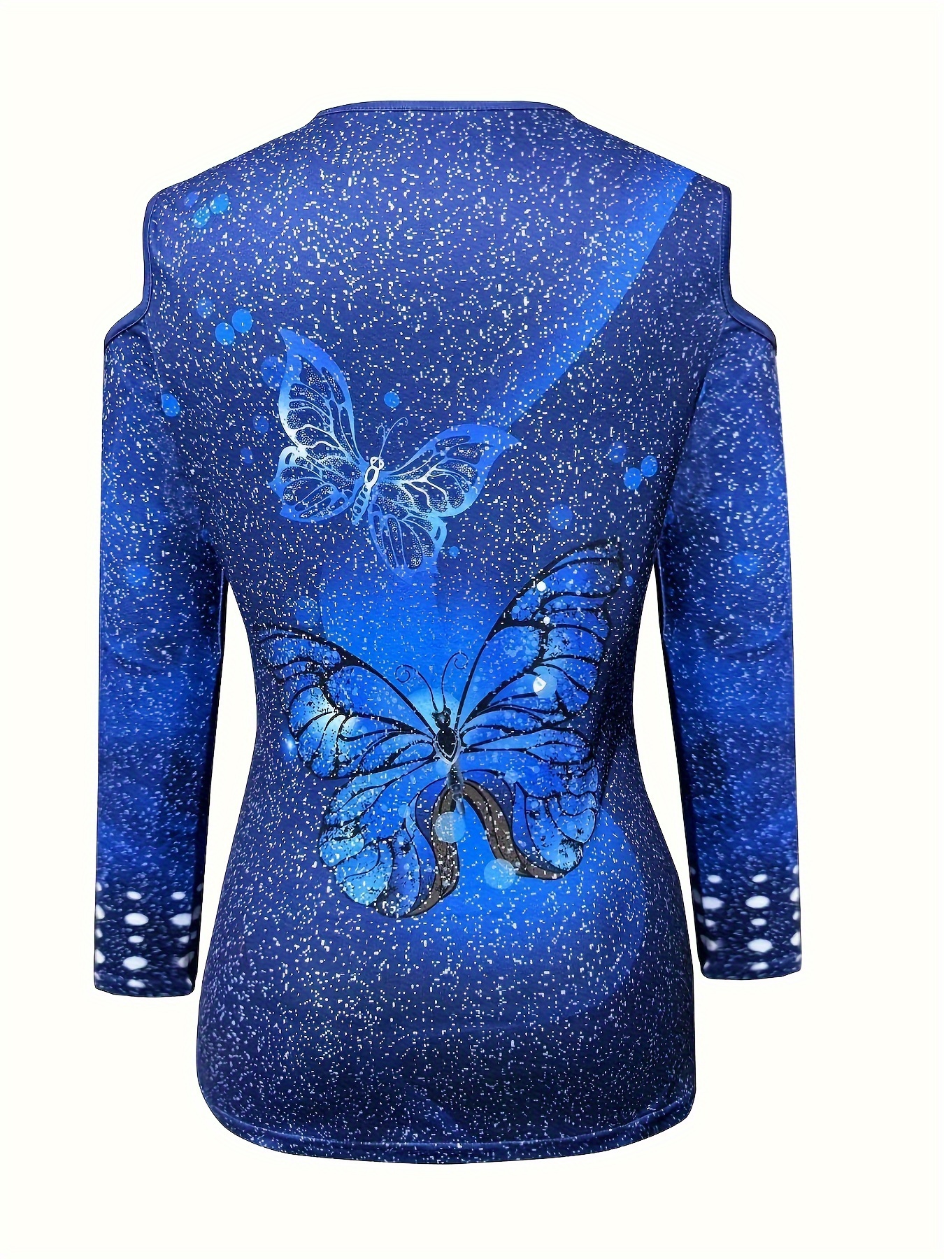Vibrant Butterfly Print Long Sleeve Cold Shoulder T-Shirt - Soft, Breathable, Casual Wear for Spring and Fall - Women's Fashion Clothing for Everyday Comfort - Image 5