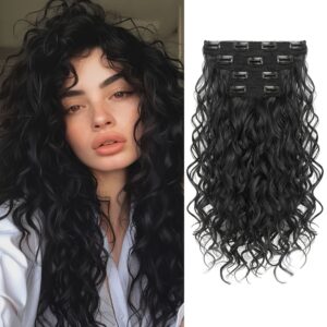 4pcs Clip-In Hair Extensions, 14.17inch Short Wavy Black Hair, Invisible Lace Women's Natural Soft Wigs, Suitable for Parties and Daily Use