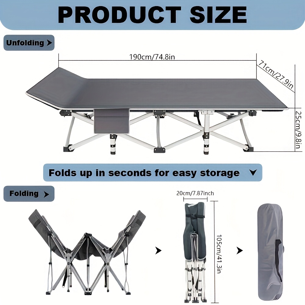 Outdoor Folding Bed With Mattress, Portable Adult Sleeping Cot With Carry Bag, 755/655/555/455/355 Lbs Weight Capacity Foldable Guest Bed/Camping Cot - Ideal For Teens And Adults, Suitable For Travel, Yard, Use. Yard Furniture, Patio Folding Chair - Image 5