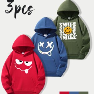 [3pcs Boys' Hooded Sweatshirts] 3pcs Boys' Hooded Sweatshirts | Smiling Face & "Smile" Print, Cozy Long Sleeve Pullover Hoodies, Regular Fit Casual Winter Warmth, Front Pocket & Back Design, Machine Washable For Spring/fall Outdoor Activities, Sweater Hoodie, Fall Clothing