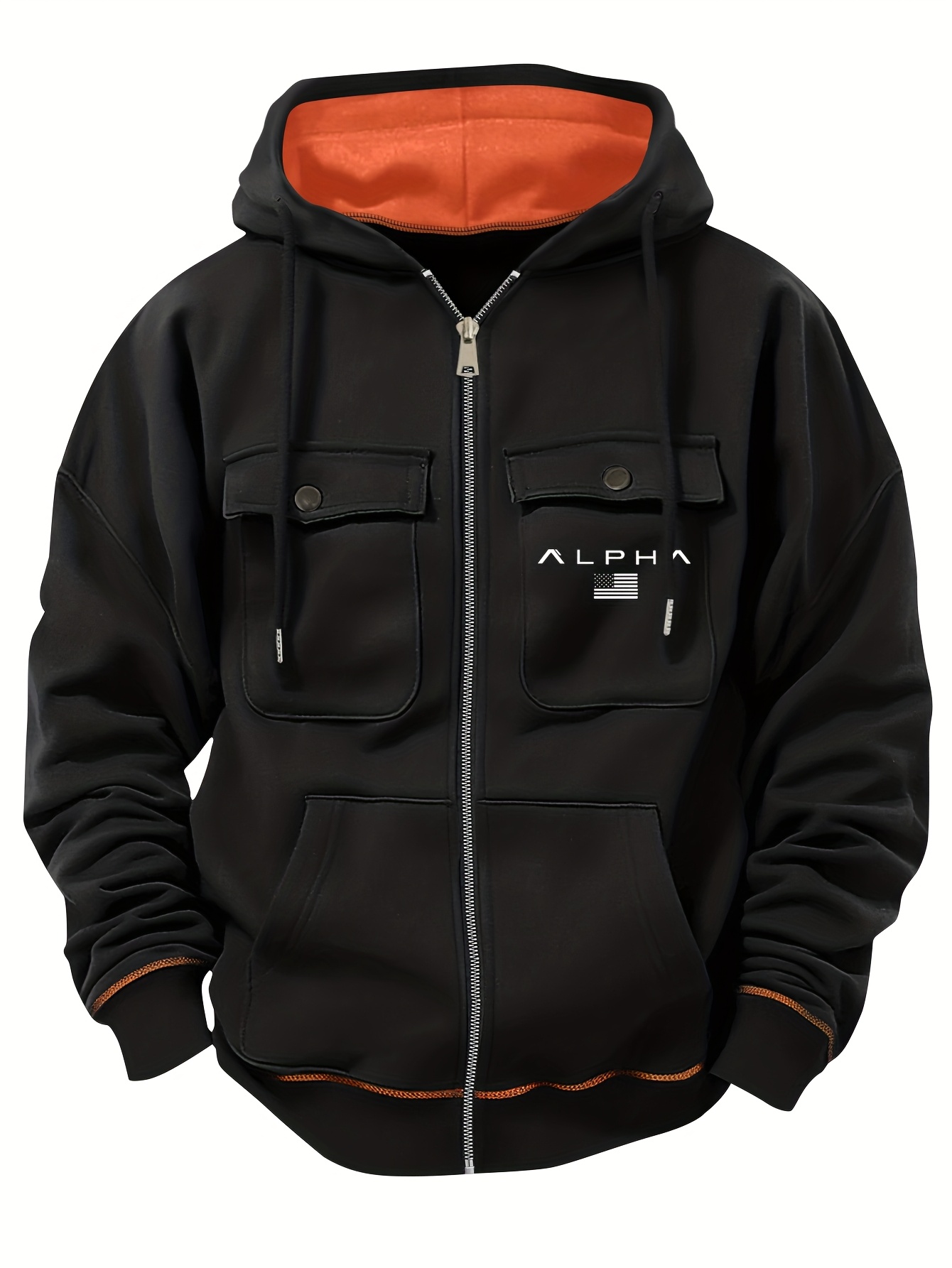 Men'S Heavy-Duty Thermal Jacket - Full-Zip Hooded Winter Coat with Zippered Pockets, Black/Orange Accents - Cold Weather Outerwear for Gym, Hiking, Commuting - Regular Fit Casual Outerwear, Winter Jacket, Hiking Apparel, Sporty Design, Durable Fabric, Active Lifestyle, Gym Wear, Functional Design, Highquality Construction, Outdoor Enthusiasts - Image 2