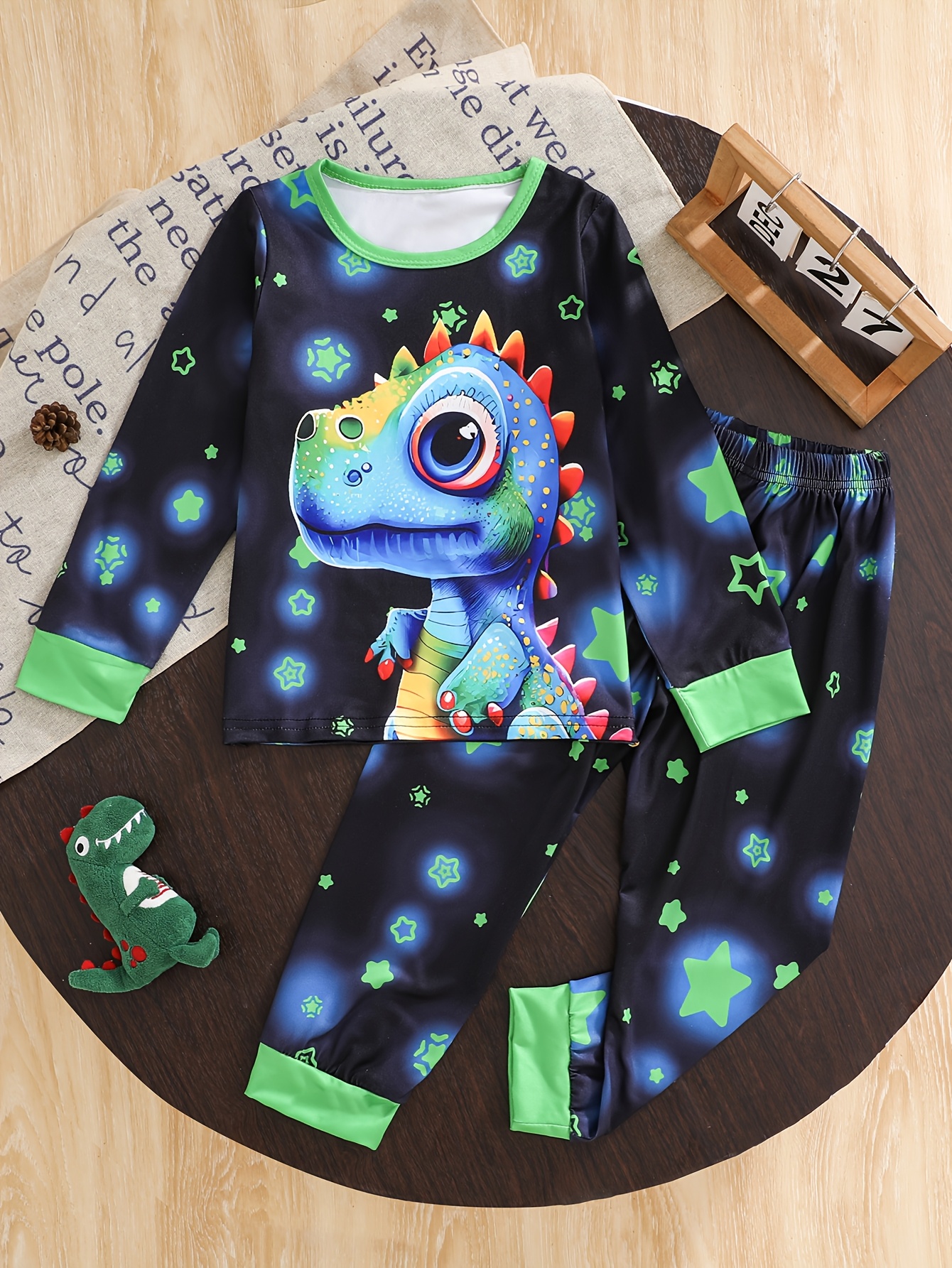 2pcs Boys' Dinosaur Pajama Set - Long Sleeve Pajamas with Matching Pants, Soft Sleepwear for Kids, Dinosaur Print Bedding Outfit (2pcs Set), Machine Washable Spring/Fall Sleepwear for Bedtime & Party - Ideal Boys Gift - Image 3